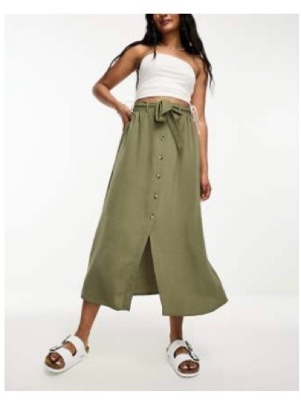 ASOS Olive Green Button-Front Midi Skirt with Tie Waist
